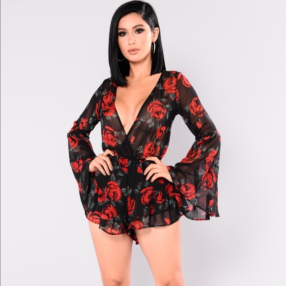 Fashion Nova Pants - Red Rose floral romper- bland and red romper